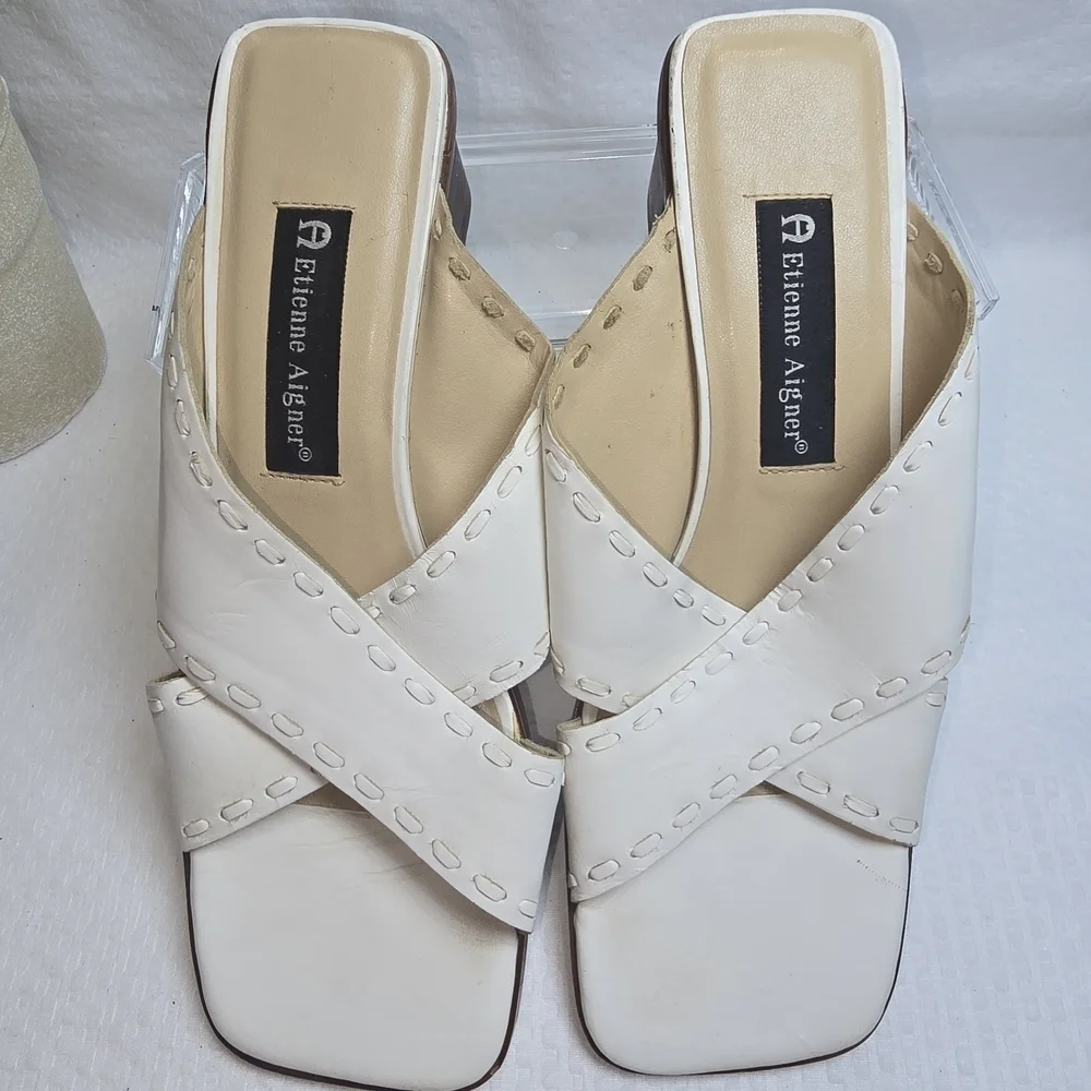 VINTAGE ETIENNE AIGNER WHITE CRISS CROSS LEATHER BLOCK HEEL SANDAL WOMENS 7.5